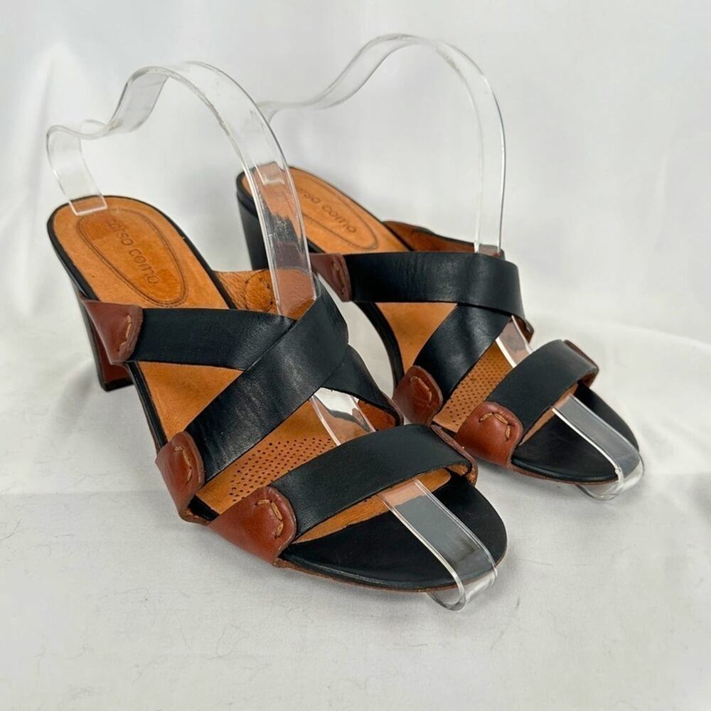 Corso Como - Black And Brown Crossover Leather Heeled Sandals Size: 9.5